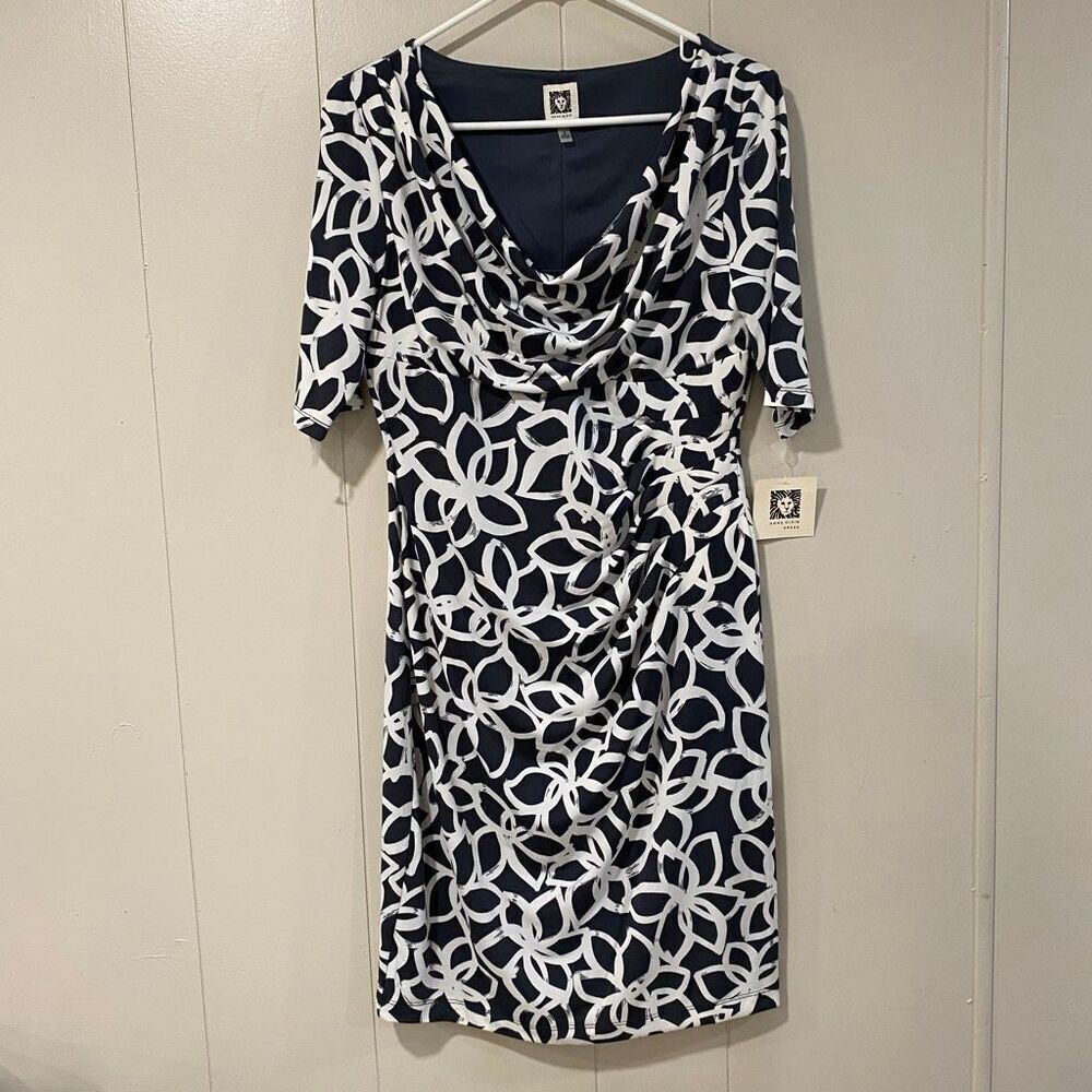 Anne Klein NWT Slate Light Cream Print Cowl Neck Ruched Dress Women’s Size 6 Mid
